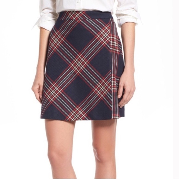 Halogen Dresses & Skirts - Halogen Mini Skirt Plaid Tweed A Line Navy Blue Red Faux Wrap Mini Skirt Size 12